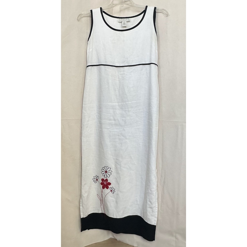 NORTON MCNAUGHTON White Linen Floral Embroidered Maxi Dress S Black Trim S *READ - Picture 2 of 11
